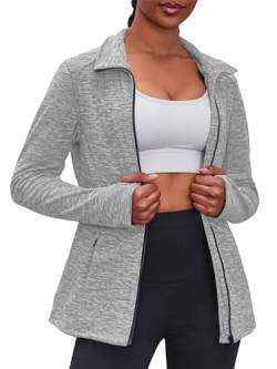 Fisoew Damen Laufjacke Slim Fit Sportjacke Langarm Trainingsjacke Sweatjacke Ohne Kapuze Für Yoga Fitness Leicht Atmungsaktive Full Zip Running-Jacken Activewear Funktionsjacke mit Tasche(Grau,S) von Fisoew