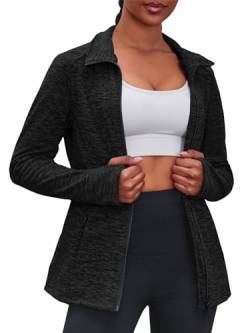 Fisoew Damen Laufjacke Slim Fit Sportjacke Langarm Trainingsjacke Sweatjacke Ohne Kapuze Für Yoga Fitness Leicht Atmungsaktive Full Zip Running-Jacken Activewear Funktionsjacke mit Tasche(Schwarz,XL) von Fisoew