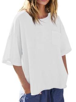 Fisoew Damen Oversized T-Shirts Kurzarm Drop Schulter Rundhals Sommer Basic Tops Weiß S von Fisoew