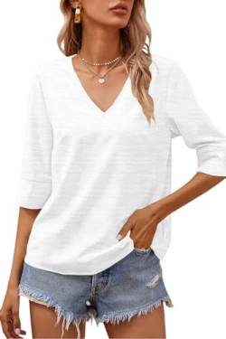 Fisoew Damen Sommer Shirts, Mittlere Ärmel, V-Ausschnitt T Shirts,Einfache, Solide Lose lässige Tee Tops Frauen T-Shirt Weiß-M von Fisoew