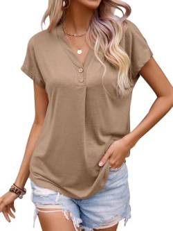 Fisoew Damen T Shirt Geknöpfter V-Ausschnitt Oberteil Casual Kurzärmeliges Sommer Top Shirts Bluse.Khaki.XXL von Fisoew