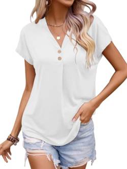 Fisoew Damen T Shirt Geknöpfter V-Ausschnitt Oberteil Casual Kurzärmeliges Sommer Top Shirts Bluse.Weiß.M von Fisoew