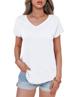 Fisoew Damen T Shirt mit V-Ausschnitt Kurzärmeliges Casual Basic Sommer Tops Oberteil Tee Shirts Bluse.Weiß.S von Fisoew