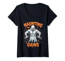 Damen Halloween-Geister-Gymnastiktraining von Haunting for Gains T-Shirt mit V-Ausschnitt von Fitness Training Halloween Costume Men Women Tees