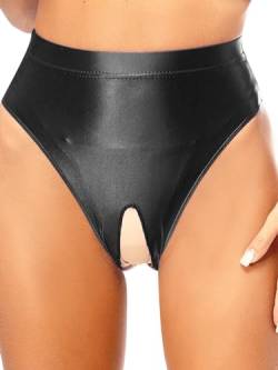 Fldy Damen Ouvert Slip Öl-Glanz String Tanga Im Schritt Offen Sexy Glossy Nylon Unterwäsche Ice Silk Weiche Unterhosen Hohe Taille Schwarz_A XXL von Fldy