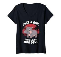 Damen Just A Girl Who Loves Moo Deng Funny Cute Baby Hippo Viral T-Shirt mit V-Ausschnitt von Flo Design Moo Deng