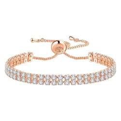 Flongo Damen Armband Glitzer Strassstein: rosegold Tennis Armkette geschichtet feine Edelstahl rhinestones verstellbar Tennisarmband Cubic Zirkonia Strass Armreif Geschenke für Frauen Mädchen 2.5mm von Flongo