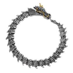 Flongo Drache Schlange Armband für Herren: Gotik Wikinger Edelstahl Flexibel Biegbar Drachenkopf Schlangenkette Schlangenarmband Punk Bully Vintage Mystery Armkette Armreif Silber von Flongo