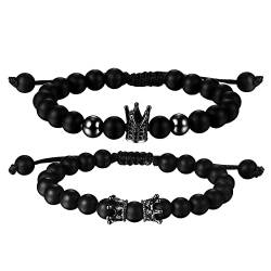 Flongo Paar Armband Krone King & Queen Zirkonia Perlenarmband Kugelarmband Pärchen Armbänder Partnerarmbänder Freundschaftarmband Valentinstag Lieben Geschenk für Herren Damen Schwarz von Flongo