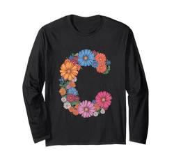 Buchstabe C Floral Blume Schriftzug Monogramm Name Frauen Mädchen Langarmshirt von Floral Alphabet First Name Last Name Retro Letter