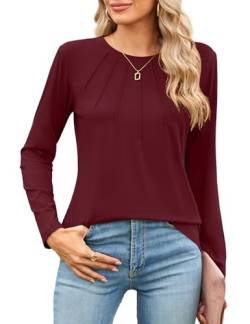 Florboom Bluse Damen Rundhals Plissee Langarm Elegant Tshirt Tunika Tops, Weinrot M von Florboom