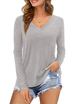 Florboom Oberteil Damen Langarm V Ausschnitt Shirt Top Einfarbig T-Shirt Grau M von Florboom