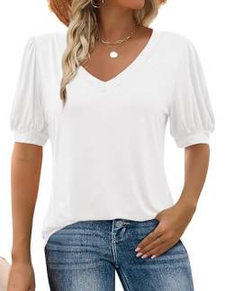 Florboom Shirts Damen V-Ausschnitt Elegant Puff Kurzarm Oberteil Bluse, Weiß M von Florboom