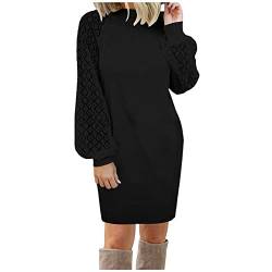 Rock Damen Langer Taille Skirt Linie Falten Herbst Winter Frauen Kleid Spitze Nähte Langarm Lose Mini Kleid Robe Elegant Casual Waffel Strick Kleider S Schwarz von Focisa