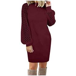 Rock Damen Langer Taille Skirt Linie Falten Herbst Winter Frauen Kleid Spitze Nähte Langarm Lose Minikleid Robe Elegant Casual Waffel Strickkleider L Wein von Focisa