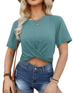 For G and PL Damen Sexy Casual T-Shirt mit Twist Bauchfreies Oberteil Sommershirts Grün Crop Top S von For G and PL