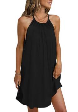 For G and PL Damen Sommer Casual Ärmellos Neckholder Mini Strandkleid mit Tasche, Schwarz, Mittel von For G and PL