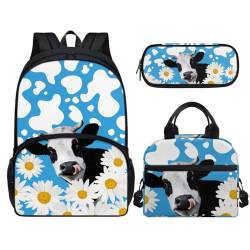 Forchrinse 3-in-1 Kuh-Gänseblümchen-Rucksack und Lunchtasche für 9–10 Jahre Kinder, Schulrucksack, Büchertasche und Lunchbox, Stifttasche für Jungen und Mädchen von Forchrinse