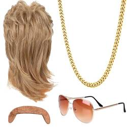 Forhome Vokuhila Perücke Herren, Herren Perücke, 4er Set 80er 90er Wig Sonnenbrille HalskettePerücke, Party Kostüme, Halloween Kostüme, Fancy Party Perücken von Forhome