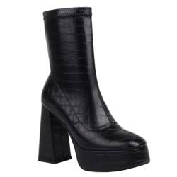 Große Größe High Heel Stiefel, Slip-On Ankle Boots, Block Heel Dicke Sohle Stiefel, Frauen Mit Hohen Chunky Heel Kurze Booties, Für Herbst Winter Heeled Booties,Schwarz,40 EU von FouGoer