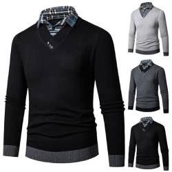 Foweknow Hemd Pullover Herren 2 in 1 Langarm Strick-Pullover mit V-Ausschnitt Slim Fit Schlicht Casual Strickjacke Sweatshirt Winterpullover Pulli von Foweknow