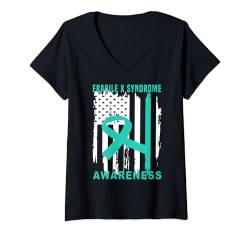 Damen Fragile X Syndrome Warrior, Flagge der USA, Flagge der Vereinigten Staaten T-Shirt mit V-Ausschnitt von Fragile X Syndrome awareness products (Lwaka)