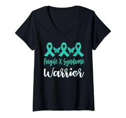 Damen Unterstützung bei der Sensibilisierung für das Fragile X-Syndrom, blaugrünes Band, Schmetterling T-Shirt mit V-Ausschnitt von Fragile X Syndrome awareness products (Lwaka)