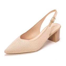 Frank Mully Damen Slingback Heels Spitz Zehen Arbeitspumpen Bequeme Chunky Pumps Gestrickte Geschlossene Zehen Stilvolle Elegante Schuhe, Hautfarben, 40 EU von Frank Mully