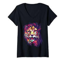 Damen Vintage bunter Löwe Wildtiere Löwenliebhaber Männer Frauen T-Shirt mit V-Ausschnitt von Frauen-Wildtiere Lustig