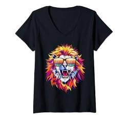 Damen Vintage bunter Löwe Wildtiere Löwenliebhaber Männer Frauen T-Shirt mit V-Ausschnitt von Frauen-Wildtiere Lustig