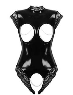 Freebily Damen Wetlook Body Brustfrei Latex Catsuit Kleid Ouvert Lackleder Bodysuit Nachtwäsche Pole Dance Nachtclub Outfit Schwarz 5XL von Freebily