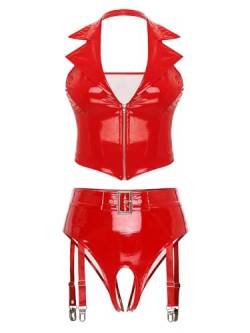 Freebily Damen Wetlook Dessous Set Lack Leder Weste Crop Top Ouvert G-String Strapse Slip Set Erotik Lingerie Nachtclub Gogo Outfit Clubwear Rot 4XL von Freebily