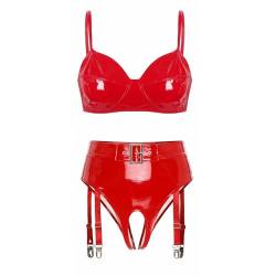 Freebily Damen Wetlook Dessous Set Leder Bikini Set Lingerie Lack Bra & G-String Unterwäsche Erotik Negligee Nachtclub Gogo Outfit Clubwear Rot_Q L von Freebily