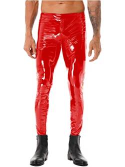 Freebily Herren Wetlook Leggings Lackleder Hose mit Reißverschluss im Schritt Glänzend Lackhose Männer Motorrad Nachtclub Tights Slim Fit Rot 4XL von Freebily