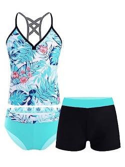 Freebily Mädchen Tankini Set 3-Teilig Badeanzug Bikini Bademode Badeshirt Badehose Slips set Kinder Schwimmanzug Badebekleidung Beachwear A_Grün-Palmblätter 164/14 Jahre von Freebily