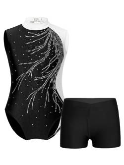 Freebily Kinder Turnanzug Mädchen Glitzer Turntrikot ärmellos Gymnastik Shorts Set mit Strass Kinder Wettbewerb Tanzkleidung Ballettkleidung Outfit Weiß 158-164 von Freebily