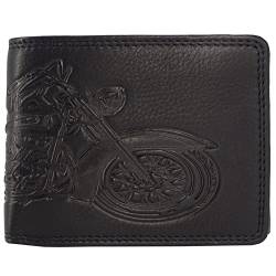 Fregery ® Geldbörse aus Leder für Herren Männer RFID-Schutz mit Münzfach und Prägung Echtleder Geldbeutel Portemonnaie (braun Hochformat, Motorrad, Harley Davidson) (Querformat schwarz) von Fregery