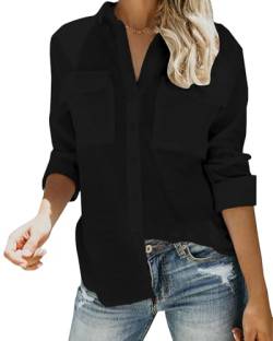 Friptspyg Blusen & Tuniken für Damen Langarm Hemden Damen V-Ausschnitt 100% Baumwolle Shirt Oberteile Tops mit Zwei Taschen,Schwarz XXL von Friptspyg