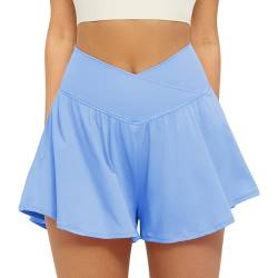 Friptspyg Sporthose Damen Kurz Laufshorts 2 in 1 Running Shorts mit Tasche V-Shaped High Waist Sport Shorts Sommer Elastisch Gym Training Shorts, Baby Blau S von Friptspyg