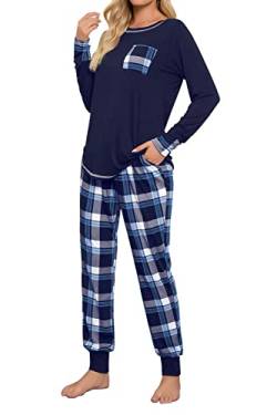 Fuakesor Damen Schlafanzug Lang Pyjama Set Herbst Winter Nachtwäsche Zweiteiliger Sleepwear Soft Loungewear Hausanzug mit Karierte Hose (Blau_01, Large) von Fuakesor