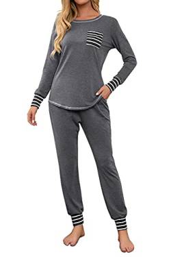 Fuakesor Damen Schlafanzug Lang Pyjama Set Herbst Winter Nachtwäsche Zweiteiliger Sleepwear Soft Loungewear Hausanzug mit Karierte Hose (Grau, Medium) von Fuakesor