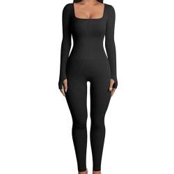 Fulenyi Langarm-Sportoverall,Langarm-Trainingsoverall,Figurbetonter Jumpsuit mit langen Ärmeln und quadratischem Ausschnitt - Ganzkörper-Bodys für Damen, Langarm-Body von Fulenyi