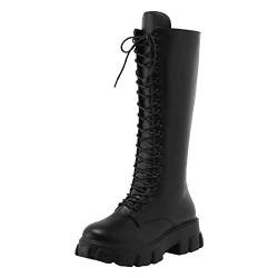 Fulidngzg Winterstiefel Damen Rutschfest Winterstiefel Cowboystiefel Schwarz Winter Lederstiefel Schnürstiefel Plateau Festival Boots Flach Atmungsaktive Stiefel Steampunk Trachten Kampfstiefel von Fulidngzg