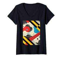 Damen 80er Jahre Retro Muster Kunst Vintage Stil T-Shirt mit V-Ausschnitt von Fun Nostalgic Vintage Pattern Arts