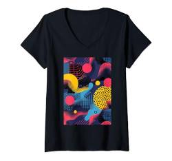 Damen 80er Jahre Vibe Retro Muster Kunst T-Shirt mit V-Ausschnitt von Fun Nostalgic Vintage Pattern Arts