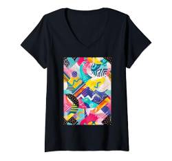 Damen Klassischer 80er Jahre Stil Retro Muster Kunst T-Shirt mit V-Ausschnitt von Fun Nostalgic Vintage Pattern Arts