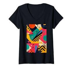 Damen Vintage 80er Jahre Stil Muster Kunst Retro T-Shirt mit V-Ausschnitt von Fun Nostalgic Vintage Pattern Arts