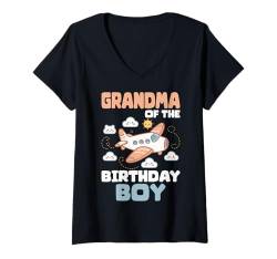 Damen Lustige Großmutter der Geburtstagsfamilie Little Pilot Boy T-Shirt mit V-Ausschnitt von Funny Airplane Birthday