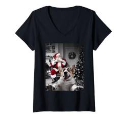 Damen Lustiges Weihnachten Corgi hund Selfie mit Weihnachtsmann T-Shirt mit V-Ausschnitt von Funny Animal Selfie with Santa Christmas Shop