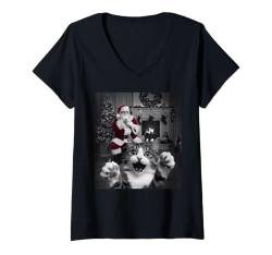 Damen Lustiges Weihnachten Katze Selfie mit Weihnachtsmann Katzen T-Shirt mit V-Ausschnitt von Funny Animal Selfie with Santa Christmas Shop